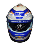 Close-up of the 2020 Chase Elliott #9 NAPA Gold Racing helmet, autographed by the NASCAR champion. The rStar Design and bold color scheme make it a true standout. This collectible, with Certificate of Authenticity (COA), is perfect for fans and collectors alike. We’re happy to assist with any questions.