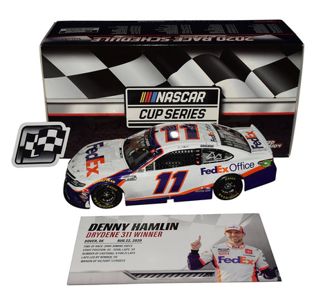 This signed 1/24 scale diecast of Denny Hamlin’s 2020 Dover Race Win features authentic race damage and the iconic #11 FedEx livery. Limited to just 504 pieces, it includes Hamlin's signature and a Certificate of Authenticity, making it a rare collectible for any NASCAR enthusiast.