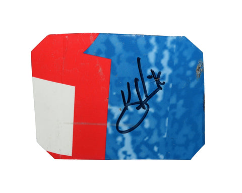 Image of the 2020 Kevin Harvick #4 race-used sheet metal, a 3-color piece from the Richmond race. Signed by Harvick, it fits in a plastic toploader for display and protection.