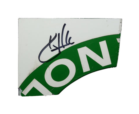 Image of the signed 2020 Kevin Harvick #4 Fields Racing race-used sheet metal, featuring a 2-color design from Richmond. This collectible piece fits in a plastic toploader for display.