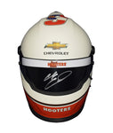Close-up of the 2021 Chase Elliott #9 Hooters Racing Darlington Throwback mini helmet, showcasing its iconic vintage design and bold sponsor logos. Signed by Chase Elliott and comes with a Certificate of Authenticity (COA). Ideal for collectors or fans of NASCAR’s classic throwback races.