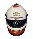 Close-up of the 2021 Chase Elliott #9 Hooters Racing Darlington Throwback mini helmet, showcasing its iconic vintage design and bold sponsor logos. Signed by Chase Elliott and comes with a Certificate of Authenticity (COA). Ideal for collectors or fans of NASCAR’s classic throwback races.
