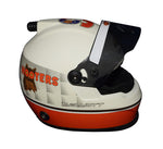 Side view of the 2021 Chase Elliott #9 Hooters Racing Darlington Throwback helmet, showing the detailed retro design and Chase Elliott's signature. This signed mini helmet with COA is a standout piece for your NASCAR collection. It also makes a perfect gift for racing fans.