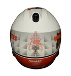 Detailed shot of the 2021 Chase Elliott #9 Hooters Racing Darlington Throwback mini helmet, highlighting the throwback paint scheme and signature. This limited-edition collectible comes with COA, making it a must-have for NASCAR fans or memorabilia collectors. Contact us for more info.