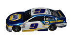 Close-up view of the 2021 Chase Elliott #9 NAPA Racing Road America Win diecast car, showing the liquid color finish and autographed by Elliott. This raced version diecast, limited to only 142 pieces, commemorates Elliott's thrilling win at Road America. COA included, making it an excellent gift for NASCAR enthusiasts.