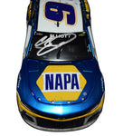 Side view of the autographed 2021 Chase Elliott #9 NAPA Racing Road America Win diecast, highlighting the intricate details of the raced version design. This rare liquid color diecast, limited to 142 pieces, captures Elliott’s victory and includes a Certificate of Authenticity (COA). A must-have for collectors.