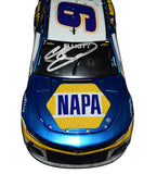 Side view of the autographed 2021 Chase Elliott #9 NAPA Racing Road America Win diecast, highlighting the intricate details of the raced version design. This rare liquid color diecast, limited to 142 pieces, captures Elliott’s victory and includes a Certificate of Authenticity (COA). A must-have for collectors.