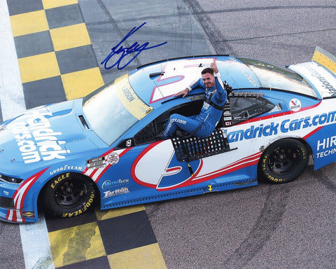Celebrate Kyle Larson's remarkable victory at the Kansas race with this signed 8x10 inch glossy photo. Each piece is a unique collectible that captures the excitement of his championship season and comes with a lifetime guarantee on authenticity.