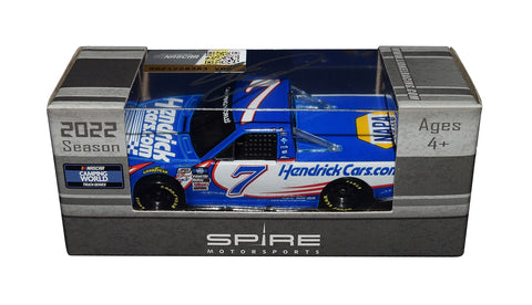 Autographed 2022 Chase Elliott #7 Hendrick Cars Racing Truck diecast car. This collectible, signed through exclusive public and private signings with HOT Pass access, includes a Certificate of Authenticity and a lifetime authenticity guarantee. Ideal gift for NASCAR fans and collectors.