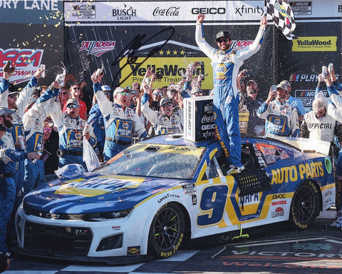 Chase Elliott's autographed 2022 TALLADEGA WIN NASCAR photo captures the thrilling Victory Lane celebration at the legendary track.