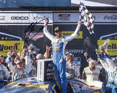 This stunning autographed photo of Chase Elliott from his 2022 Talladega Win features him in Victory Lane, proudly waving the flag of victory. Measuring 8x10 inches, it comes with a Certificate of Authenticity, making it a perfect keepsake for racing fans.