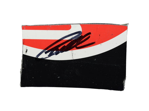A detailed view of the signed 2022 Christopher Bell #20 Rheem Racing 3-color race-used sheet metal from Las Vegas Speedway. This unique collectible, along with its COA, is ideal for display in a toploader.