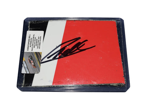 The signed 2022 Christopher Bell #20 Rheem Racing 3-color red race-used sheet metal from Las Vegas Speedway. This collectible NASCAR piece, sized like a standard trading card, makes a great gift for collectors.