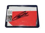 The signed 2022 Christopher Bell #20 Rheem Racing sheet metal from the South Point 400, used at Las Vegas Speedway. This collectible NASCAR piece fits perfectly inside a plastic toploader for display.