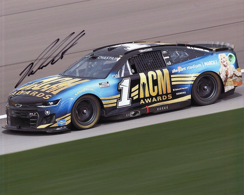 Autographed 2022 Ross Chastain #1 Country Music photo, a collectible 8x10 inch glossy photo signed by the NASCAR driver from Trackhouse Racing at the Nashville ACM Awards. Includes COA to guarantee authenticity. A must-have for NASCAR fans.