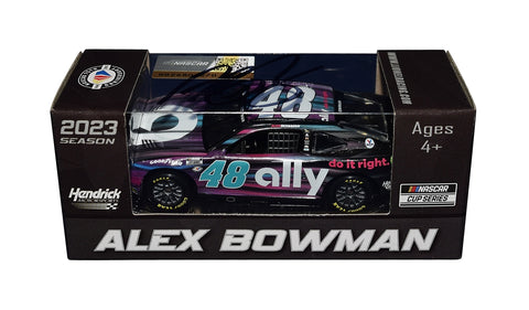 Autographed 2023 Alex Bowman #48 Ally Racing Night Version diecast car. This collectible, signed through exclusive public and private signings with HOT Pass access, includes a Certificate of Authenticity and a lifetime authenticity guarantee. Ideal gift for NASCAR fans and collectors.