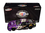 Autographed 2023 Bubba Wallace #23 McDonald's Racing "Grimace" diecast car, signed by the NASCAR driver himself, with vivid details and limited to 223 units.