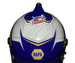 Autographed 2023 Chase Elliott #9 NAPA Racing helmet showcasing the bold blue and yellow NAPA livery. This helmet comes with a Certificate of Authenticity (COA), making it a valuable addition to any collection. Perfect for fans and a fantastic gift for collectors. Contact us for more details.