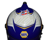 Autographed 2023 Chase Elliott #9 NAPA Racing helmet showcasing the bold blue and yellow NAPA livery. This helmet comes with a Certificate of Authenticity (COA), making it a valuable addition to any collection. Perfect for fans and a fantastic gift for collectors. Contact us for more details.