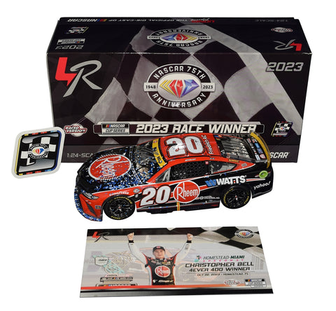 Autographed 2023 Christopher Bell #20 Rheem Racing Homestead-Miami Win diecast car, featuring raced version details, with only 504 units produced and COA.