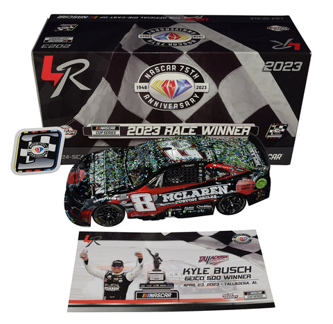 Autographed 2023 Kyle Busch #8 McLaren Grills Talladega Win diecast car. This collectible, signed through exclusive public and private signings with HOT Pass access, includes a Certificate of Authenticity and a lifetime authenticity guarantee. Ideal gift for NASCAR fans and collectors.