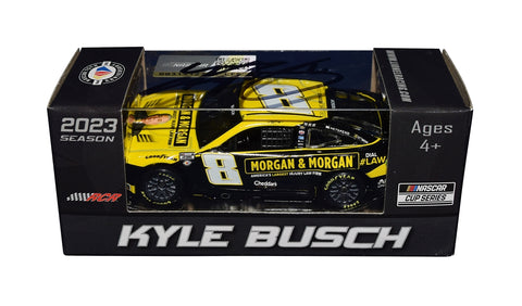 The 2023 Kyle Busch #8 Morgan & Morgan diecast car, featuring Kyle Busch's signature obtained through exclusive public and private signings. Comes with a Certificate of Authenticity and a lifetime authenticity guarantee.