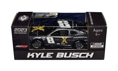 Autographed 2023 Kyle Busch #8 X World Wallet diecast car. This collectible, signed through exclusive public and private signings with HOT Pass access, includes a Certificate of Authenticity and a lifetime authenticity guarantee. Ideal gift for NASCAR fans and collectors.
