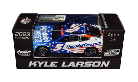 Autographed Kyle Larson #5 Patriotic NASCAR Salutes Coca-Cola 600 diecast car. Featuring exclusive signing details, a Certificate of Authenticity, and a lifetime authenticity guarantee. A great gift for racing enthusiasts and collectors.