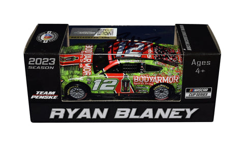 Autographed 2023 Ryan Blaney #12 Body Armor Charlotte Win (Coca-Cola 600) diecast car. This collectible, signed through exclusive public and private signings with HOT Pass access, includes a Certificate of Authenticity and a lifetime authenticity guarantee. Ideal gift for NASCAR fans and collectors.