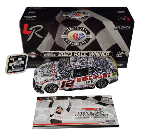 Autographed 2023 Ryan Blaney #12 Discount Tire Martinsville Win diecast with COA. A limited edition of 912, showcasing Blaney's championship season and Martinsville victory.