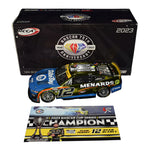 The 2023 Ryan Blaney #12 Menards Racing NASCAR Champion diecast features a stunning color chrome finish and a highly detailed design. Limited to just 72 units, each car is signed by Ryan Blaney and includes a Certificate of Authenticity (COA), making it a rare collectible for NASCAR fans and collectors.