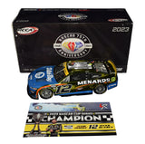 The 2023 Ryan Blaney #12 Menards Racing NASCAR Champion diecast features a stunning color chrome finish and a highly detailed design. Limited to just 72 units, each car is signed by Ryan Blaney and includes a Certificate of Authenticity (COA), making it a rare collectible for NASCAR fans and collectors.
