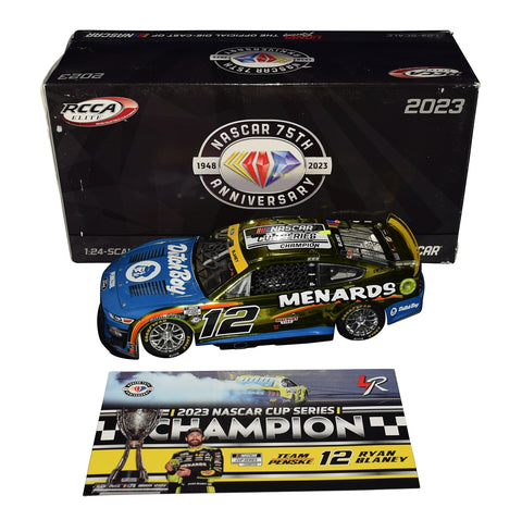 The 2023 Ryan Blaney #12 Menards Racing NASCAR Champion diecast features a stunning color chrome finish and a highly detailed design. Limited to just 72 units, each car is signed by Ryan Blaney and includes a Certificate of Authenticity (COA), making it a rare collectible for NASCAR fans and collectors.
