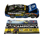 The 2023 Ryan Blaney #12 Menards Racing NASCAR Champion diecast, showcasing the championship-winning car in a color chrome finish. Limited to 72 pieces, each diecast is autographed by Ryan Blaney and comes with a Certificate of Authenticity (COA), ensuring its rarity and authenticity for collectors.