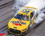 Celebrate Ryan Blaney's incredible 2023 Talladega Playoff win with this autographed 8x10 photo of his iconic burnout. Comes with a Certificate of Authenticity (COA) and lifetime guarantee, making it a must-have for fans and collectors.