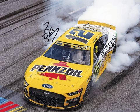 Celebrate Ryan Blaney's incredible 2023 Talladega Playoff win with this autographed 8x10 photo of his iconic burnout. Comes with a Certificate of Authenticity (COA) and lifetime guarantee, making it a must-have for fans and collectors.
