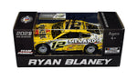 Autographed 2023 Ryan Blaney #12 Talladega Win 1/64 diecast car. A raced version collectible with race markings and confetti, perfect for NASCAR fans.