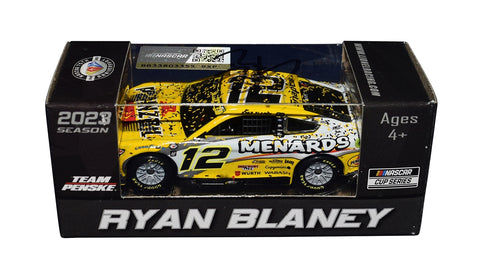 Autographed 2023 Ryan Blaney #12 Talladega Win 1/64 diecast car. A raced version collectible with race markings and confetti, perfect for NASCAR fans.