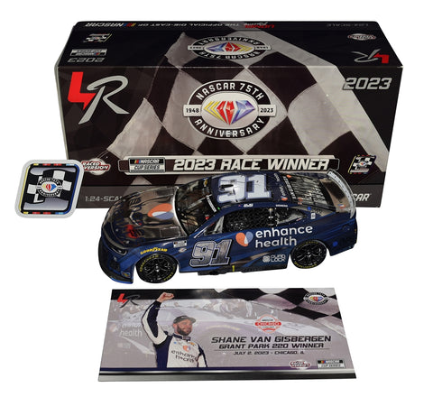 Autographed 2023 Shane Van Gisbergen #91 Enhance Health Chicago Street Race Win diecast car. This collectible, signed through exclusive public and private signings with HOT Pass access, includes a Certificate of Authenticity and a lifetime authenticity guarantee. Ideal gift for NASCAR fans and collectors.