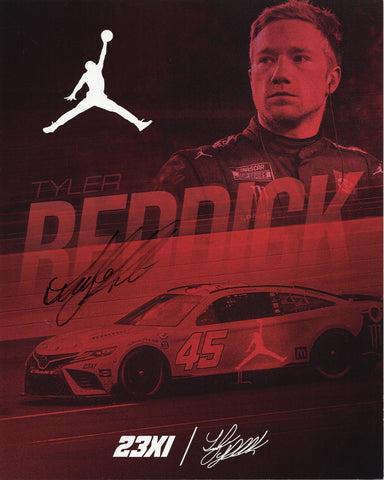 Autographed 2023 Tyler Reddick #45 Hero Card featuring the Jordan Brand and 23XI Racing design. This signed 8x10 NASCAR photo is a vibrant collectible and makes a great gift for racing fans. Includes COA. We are always here to help with any questions about your NASCAR memorabilia.