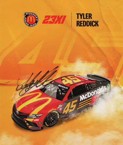 Autographed 2023 Tyler Reddick 8x10 Hero Card featuring his #45 McDonald’s Toyota from 23XI Racing. A colorful NASCAR collectible with sharp detail and signature, perfect for fans or gifting. Includes COA. We are always here to help with any questions about your racing memorabilia.