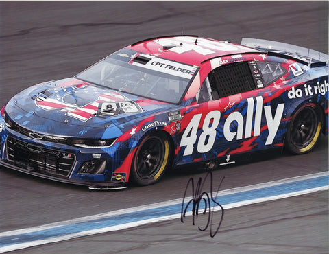 This signed 9x11 glossy photo shows Alex Bowman’s #48 Ally Racing car in the 2024 Coca-Cola 600, featuring the patriotic paint scheme. It includes a COA for authenticity, making it an ideal collectible or gift for NASCAR fans.