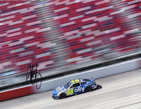Signed 9x11 inch glossy photo of Alex Bowman’s #48 Ally Racing car in the 2024 Darlington Throwback race, featuring a Jimmie Johnson tribute. Includes Certificate of Authenticity (COA), perfect for collectors and fans of NASCAR.