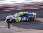 This autographed 9x11 glossy photo shows Alex Bowman in his #48 Ally Racing car at the 2024 Darlington Throwback Weekend, honoring Jimmie Johnson with a special tribute. It comes with a COA, perfect for collectors or as a gift for NASCAR fans.