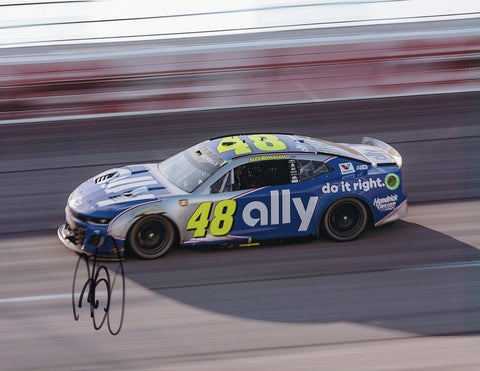 This autographed 9x11 glossy photo shows Alex Bowman in his #48 Ally Racing car at the 2024 Darlington Throwback Weekend, honoring Jimmie Johnson with a special tribute. It comes with a COA, perfect for collectors or as a gift for NASCAR fans.