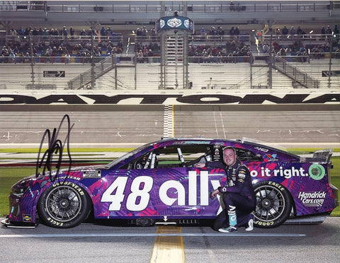 Celebrate Alex Bowman’s 2024 Daytona 500 performance with this signed 9x11 glossy photo, featuring a dramatic pit road pose. Includes a COA for guaranteed authenticity, making it an ideal collectible or gift for NASCAR fans.