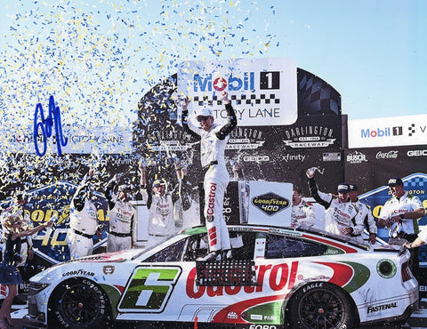 Autographed 2024 Brad Keselowski #6 Castrol Mustang Darlington Throwback Win 9x11 glossy photo, signed by Keselowski. Capturing his victory celebration in Victory Lane, this rare collectible includes a COA for authenticity, making it a must-have for any NASCAR fan or collector.
