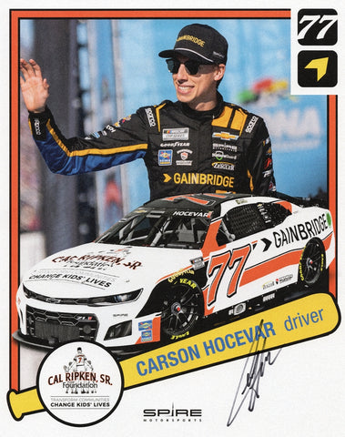 Autographed 2024 Carson Hocevar #77 Cal Ripken Sr. Foundation hero card NASCAR photo with COA. Signed during exclusive signings and HOT Pass access. A must-have for racing enthusiasts and collectors.