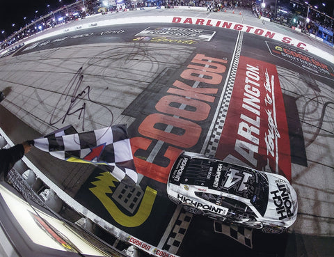 Autographed 2024 Chase Briscoe #14 High Point Racing Darlington Win 9x11 glossy photo, showing Briscoe celebrating with the checkered flag. This photo marks a significant victory in Stewart-Haas Racing’s final season and includes a Certificate of Authenticity (COA), making it a great addition to any NASCAR collection.