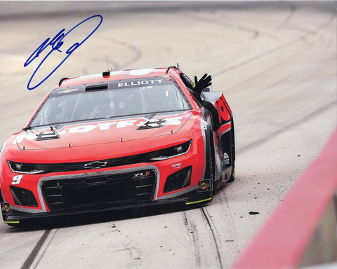 Autographed 2024 Chase Elliott #9 Hooters Racing Texas Win photo, showcasing Elliott during his Polish Victory Lap celebration. This 8x10 inch glossy print is a must-have collectible for NASCAR fans, complete with a Certificate of Authenticity to verify its legitimacy and value.